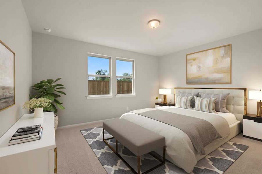 The primary bedroom is generously sized, creating a tranquil and spacious retreat that offers ample room for relaxation. Featuring plush carpet, high ceilings, fresh paint, and large windows that lets in natural lighting throughout the day.