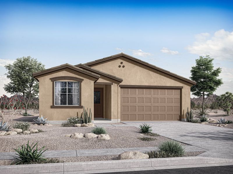 Front exterior of a new home in Empire Pointe, Queen Creek, AZ, highlighting curb appeal (Image 6). Front exterior of a new home in Empire Pointe, Queen Creek, AZ, highlighting curb appeal (Image 6).
