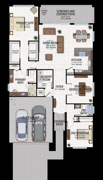 2D floor plan layout for the Abaco by GL Homes in Valencia Parc at Riverland, Port St. Lucie, FL (Image 5).