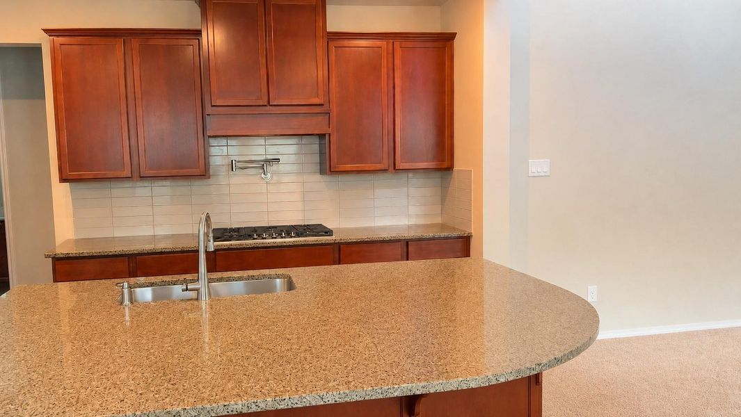The kitchen features a large center island with a granite countertop, a stainless steel double sink, and a gooseneck faucet. Dark wood cabinetry, a tile backsplash, a gas cooktop, and a wall-mounted pot filler line the back wall.