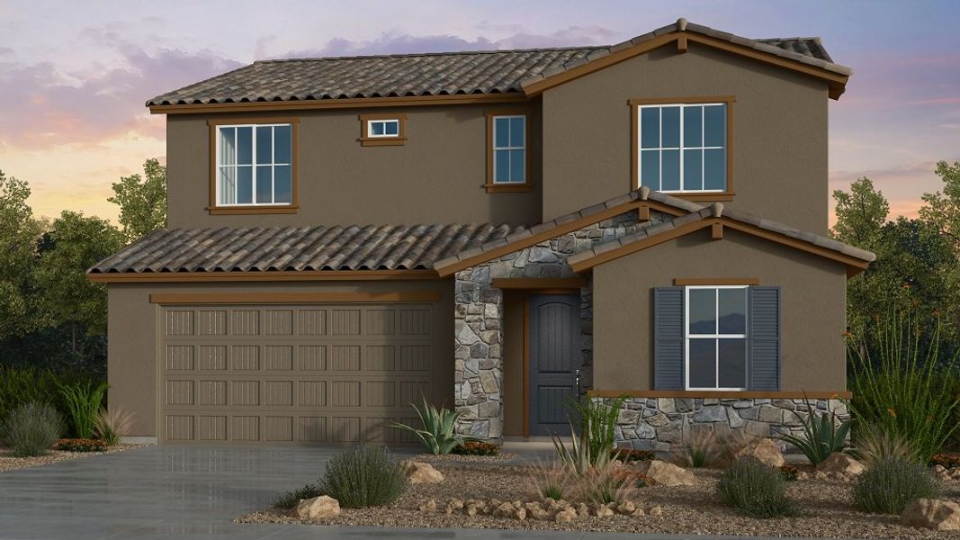 Front exterior of a new home in Hawes Crossing, Mesa, AZ, highlighting curb appeal (Image 1). Front exterior of a new home in Hawes Crossing, Mesa, AZ, highlighting curb appeal (Image 1).
