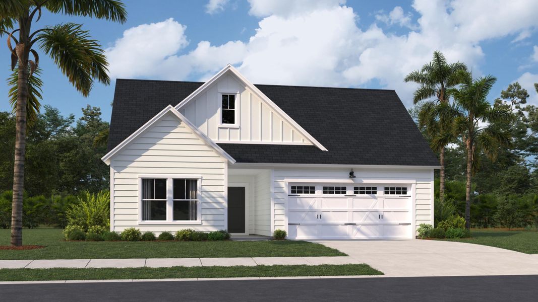 Front exterior of a new home in Horizons at Carnes Crossroads | 55+: Legends Collection, Summerville, SC, highlighting curb appeal (Image 12).
