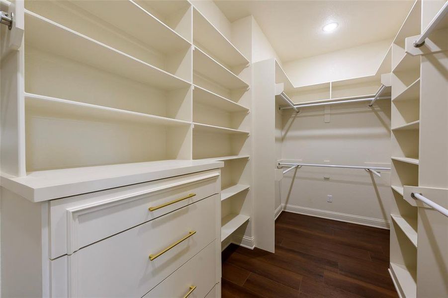 Walk in closet with dark wood-type flooring
