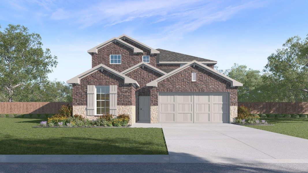 Front exterior of a new home in The Landing at Hidden Lakes, McKinney, TX, highlighting curb appeal (Image 1). Front exterior of a new home in The Landing at Hidden Lakes, McKinney, TX, highlighting curb appeal (Image 1).