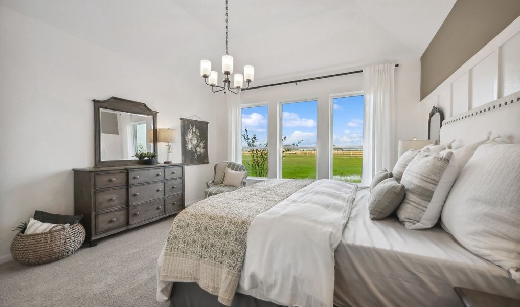 Primary suite with gorgeous light fixture