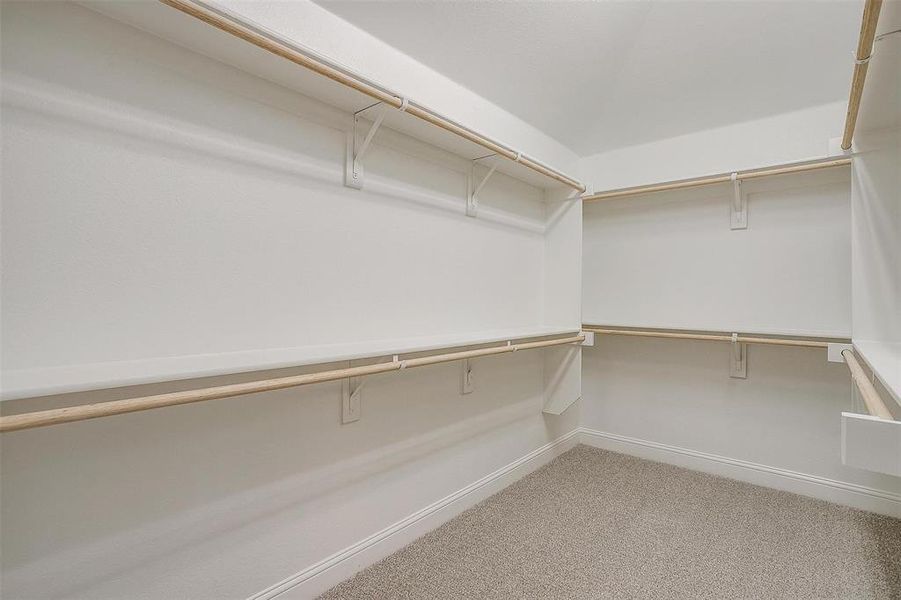 Walk in closet featuring light colored carpet