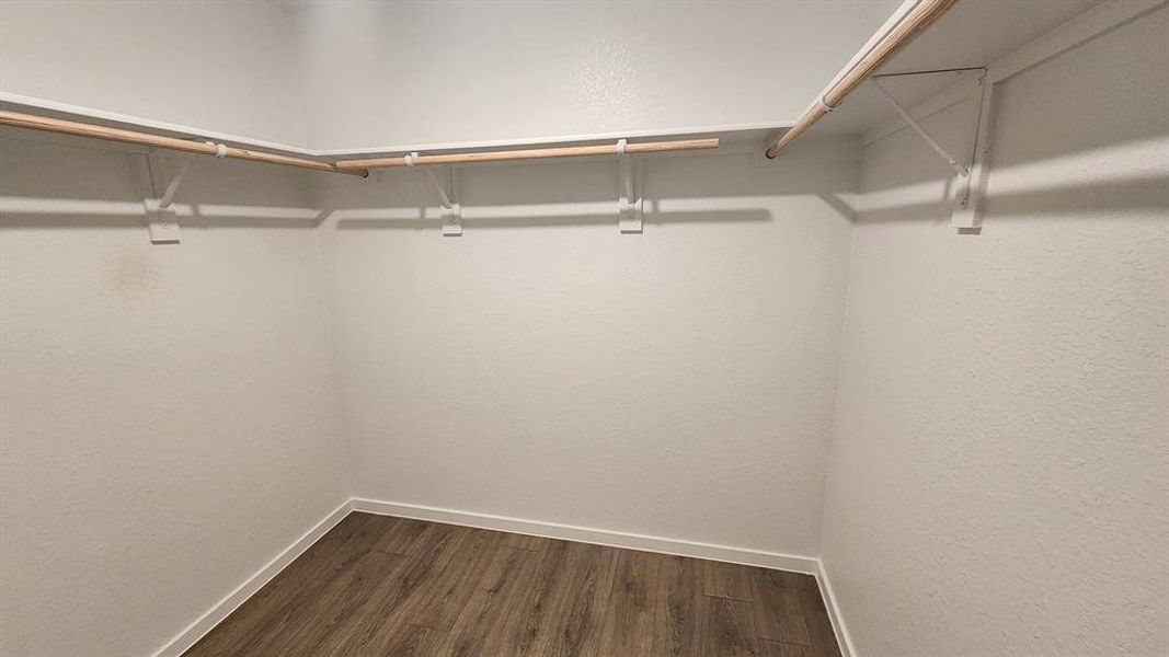 Spacious walk-in closet featuring wood-finish flooring, white baseboards, and built-in shelving with hanging rods Spacious walk-in closet featuring wood-finish flooring, white baseboards, and built-in shelving with hanging rods