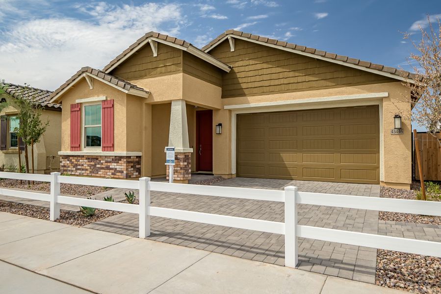 Front exterior of a new home in Mesquite at North Creek, Queen Creek, AZ, highlighting curb appeal (Image 26). Front exterior of a new home in Mesquite at North Creek, Queen Creek, AZ, highlighting curb appeal (Image 26).