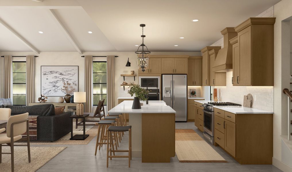 Kitchen with gorgeous tile backsplash and luxurious tile flooring
