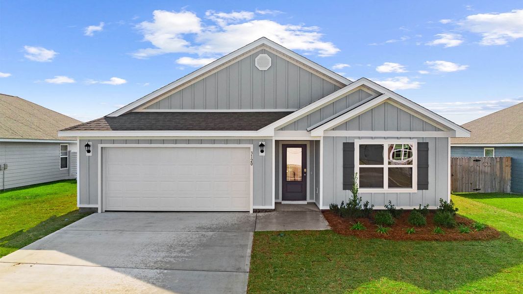 Front exterior of a new home in Hodges Bayou Plantation, Panama City, FL, highlighting curb appeal (Image 1).