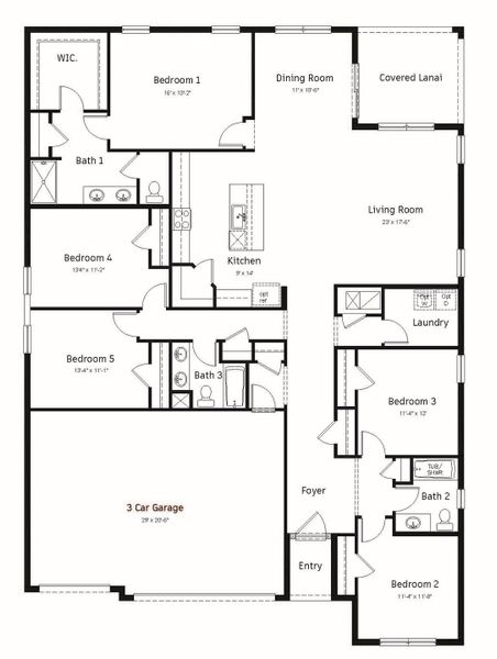 2D floor plan layout for the COVINGTON by D.R. Horton in Cove at West Port - Express, Port Charlotte, FL (Image 3).