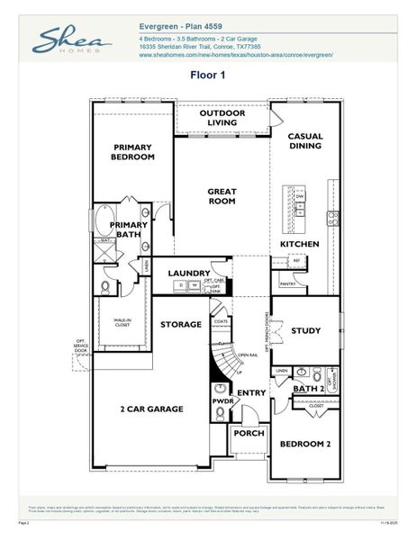 2D floor plan layout of this home in Evergreen 55', Conroe, TX (Image 2).