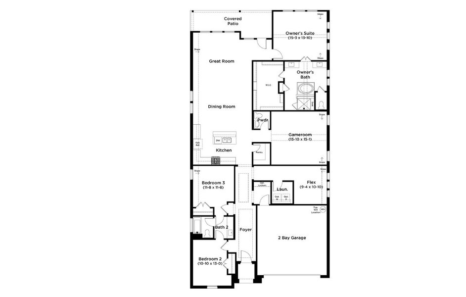 2D floor plan layout for the Willow by DRB Homes in Infinity Square, Kyle, TX (Image 3).