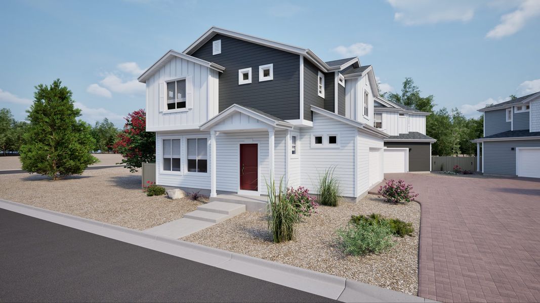 Front exterior of a new home in Green Valley Ranch, Aurora, CO, highlighting curb appeal (Image 1). Front exterior of a new home in Green Valley Ranch, Aurora, CO, highlighting curb appeal (Image 1).