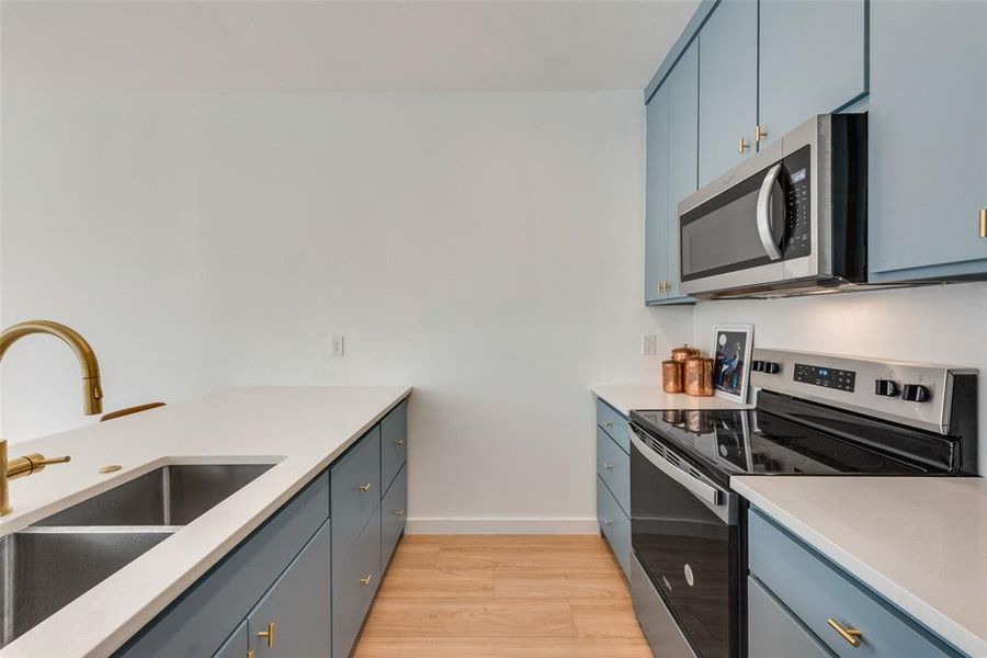 Kitchen featuring sink, appliances with stainless steel finishes, light wood-type flooring, and blue cabinets