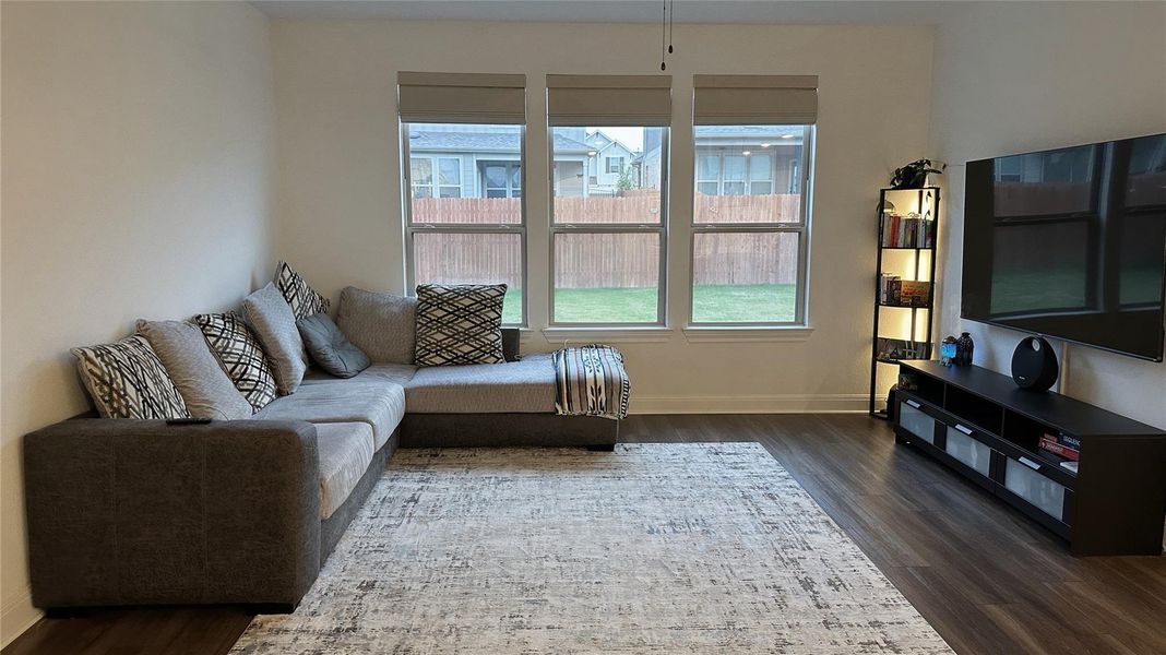 Bright living area featuring wood-finish flooring and three large windows Bright living area featuring wood-finish flooring and three large windows