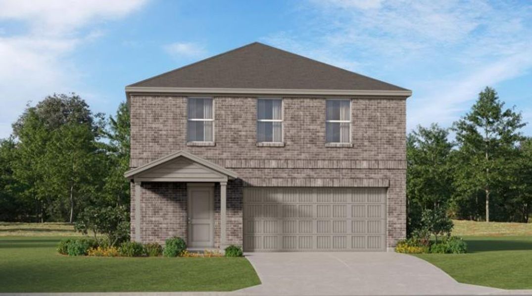 Front exterior of a new home in Sweetgrass Village, Crosby, TX, highlighting curb appeal (Image 2).