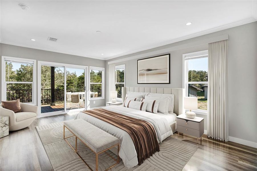 Bedroom featuring crown molding, access to exterior, wood finished floors, and recessed lighting