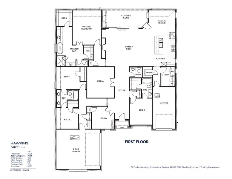 2D floor plan layout for the Hawkins - 6422 by Shaddock Homes in Winding Creek, Rockwall, TX (Image 3).