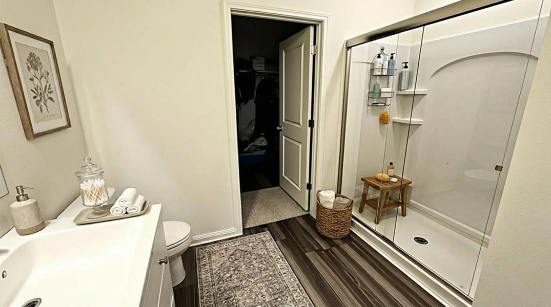 Full bathroom featuring a stall shower, a spacious closet, vanity, and dark wood finished floors