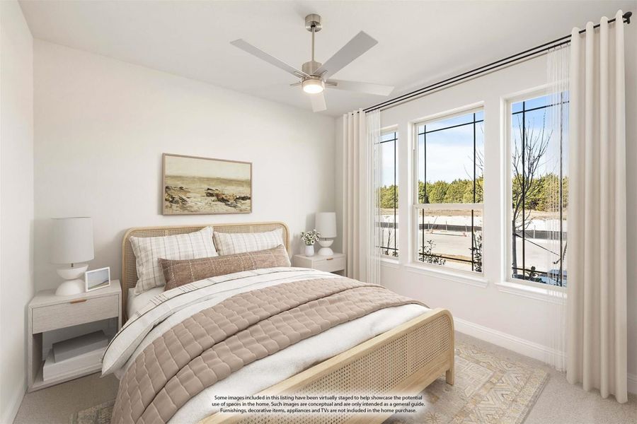 Bedroom with ceiling fan, rattan bed frame, neutral bedding, and large windows with outdoor views Bedroom with ceiling fan, rattan bed frame, neutral bedding, and large windows with outdoor views