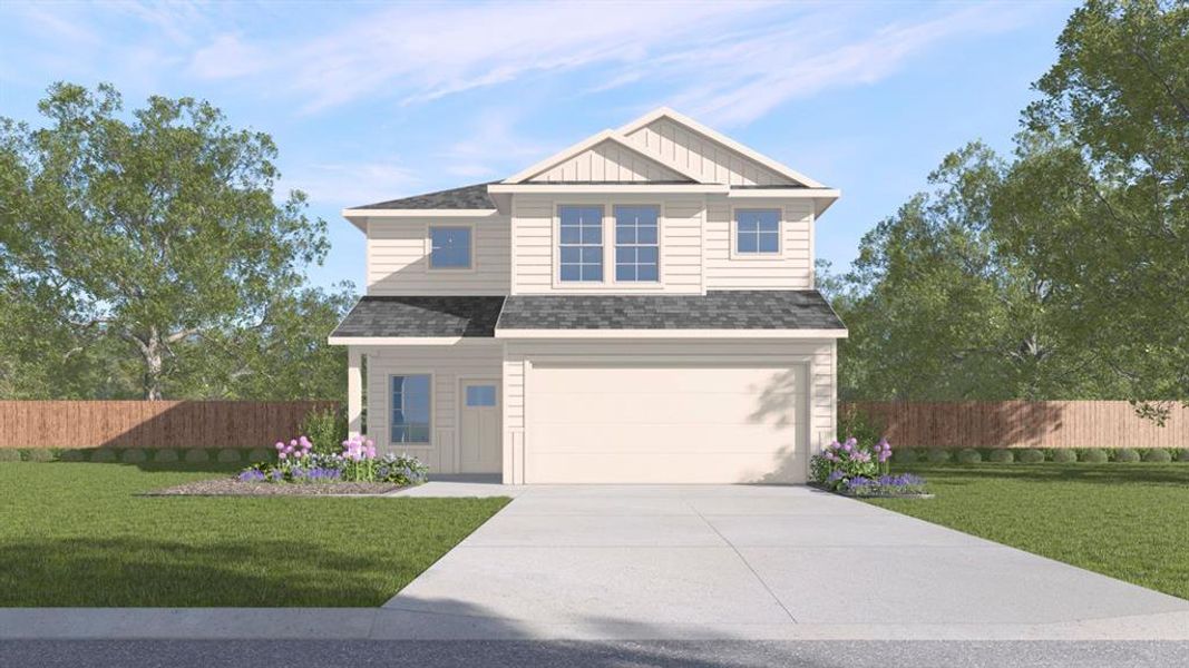 View of front of property featuring a garage and a front yard