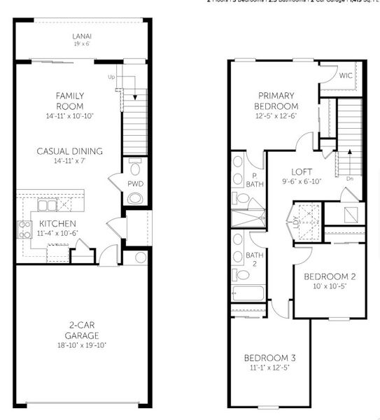 2D floor plan layout for the The Seabreeze - Townhomes by Dream Finders Homes in Shores at Mirada, San Antonio, FL (Image 3). 2D floor plan layout for the The Seabreeze - Townhomes by Dream Finders Homes in Shores at Mirada, San Antonio, FL (Image 3).