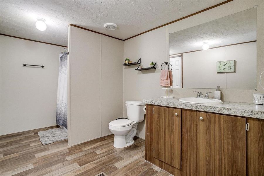 Bathroom featuring toilet, vanity, crown molding, hardwood / wood-style flooring, and a textured ceiling