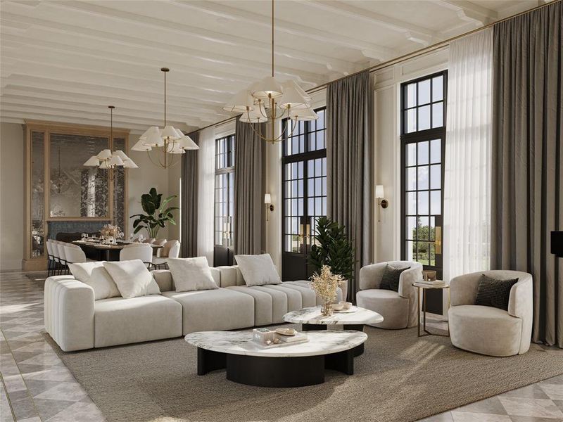 *Virtual Rendering* The formal living and dining room features 3 sets of iron double doors with views, beautiful marble flooring with gold inlays, two fireplaces, tall ceilings with wooden beams, and designer light fixtures/sconces.