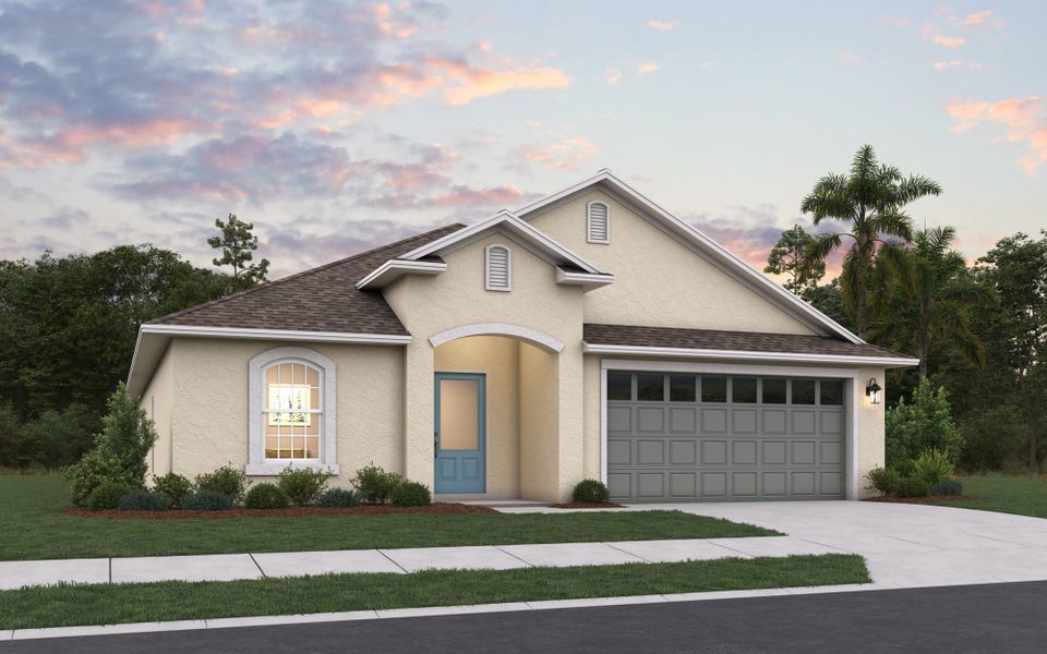 Front exterior of a new home in Reserve at Hammock Oaks, Lady Lake, FL, highlighting curb appeal (Image 1).