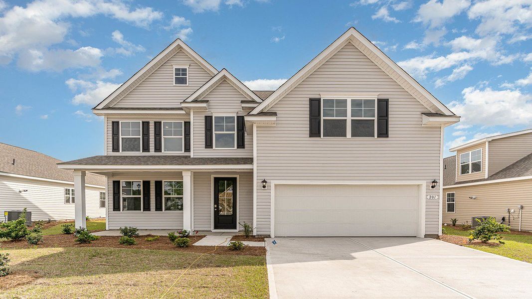 Front exterior of a new home in The Bluffs at Mill Creek, Florence, SC, highlighting curb appeal (Image 2). Front exterior of a new home in The Bluffs at Mill Creek, Florence, SC, highlighting curb appeal (Image 2).