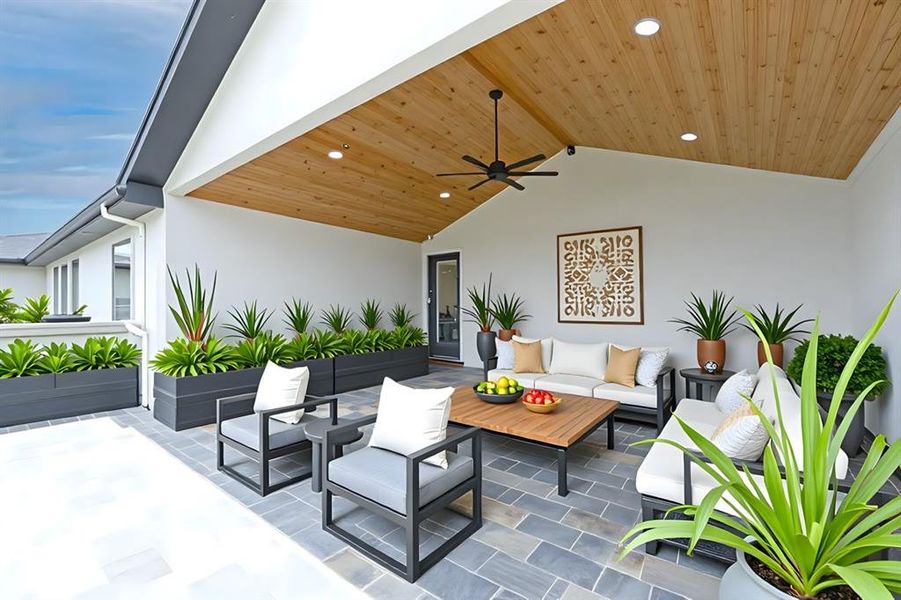 Virtually Staged View of second floor patio / terrace with an outdoor living space and a ceiling fan Virtually Staged View of second floor patio / terrace with an outdoor living space and a ceiling fan