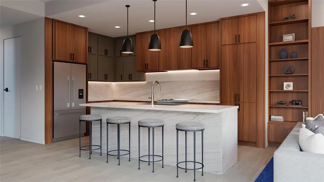 Kitchen featuring open shelves, pendant lighting, brown cabinets, high quality fridge, and recessed lighting