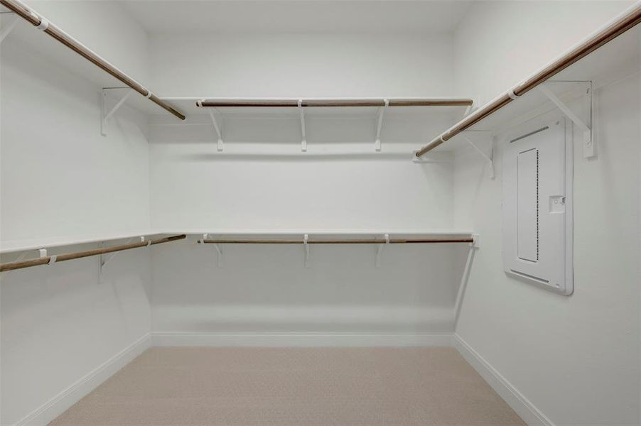 Walk in closet with light carpet