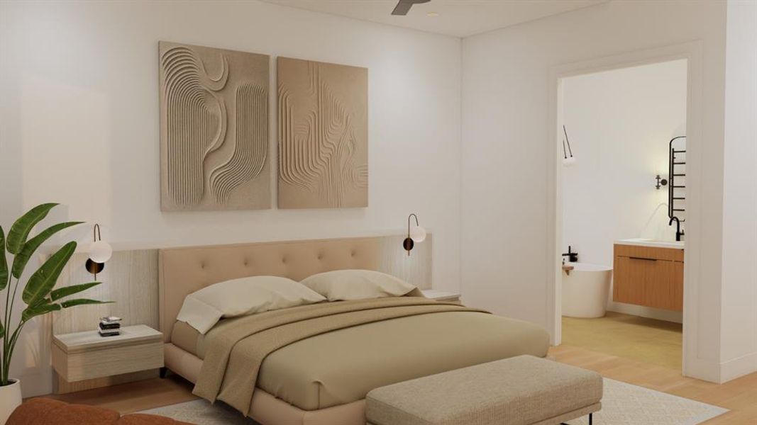 Bedroom featuring ensuite bathroom, light wood finished floors, and ceiling fan