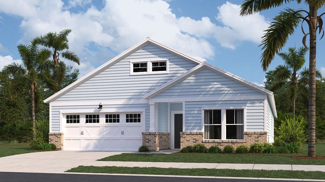 Front exterior of a new home in Horizons at Carnes Crossroads | 55+: Legends Collection, Summerville, SC, highlighting curb appeal (Image 1).