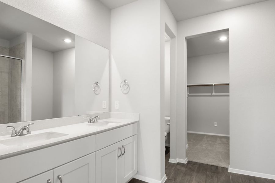 Image of a primary bathroom with white cabinets and a jack and jill vanity with a large mirror, a semi-private water closet, and a connecting walk-in closet