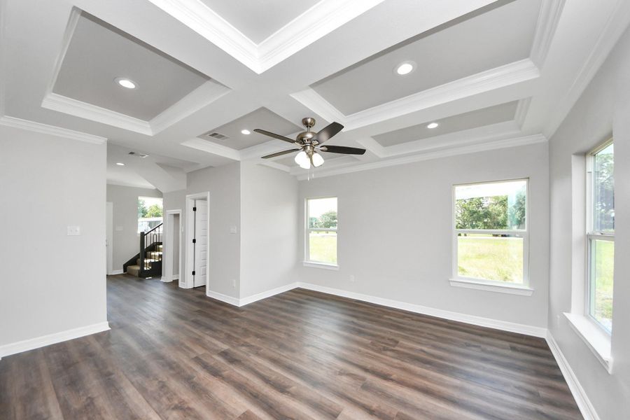 The family room offers a bright and inviting atmosphere, highlighted by durable LVP flooring, recessed lighting, and an elegant tray ceiling for added architectural detail. Expansive windows fill the space with natural light, creating a warm and welcoming environment perfect for everyday living - (representation photo).