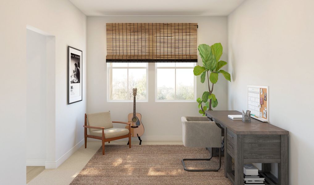 Home office off foyer with single barn door
