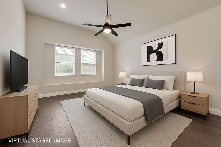 Bedroom featuring dark wood-type flooring, vaulted ceiling, and ceiling fan Bedroom featuring dark wood-type flooring, vaulted ceiling, and ceiling fan