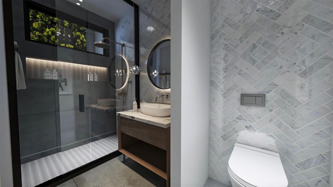 This modern bathroom features a sleek glass-enclosed shower, double sinks with round mirrors, and stylish herringbone wall tiles. The design is contemporary and elegant, offering both functionality and aesthetic appeal.Virtually staged. This modern bathroom features a sleek glass-enclosed shower, double sinks with round mirrors, and stylish herringbone wall tiles. The design is contemporary and elegant, offering both functionality and aesthetic appeal.Virtually staged.