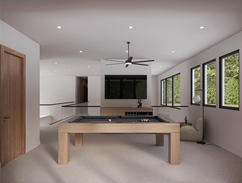 Rec room with billiards table, light colored carpet, ceiling fan, and recessed lighting Rec room with billiards table, light colored carpet, ceiling fan, and recessed lighting