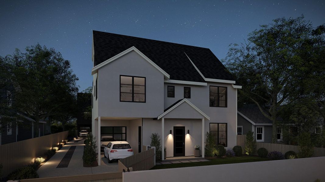 Modern architectural design featuring a prominent front entrance with sconce lighting