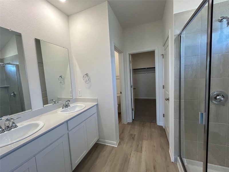 Bathroom with a shower stall, double vanity, light wood-style floors, and a spacious closet Bathroom with a shower stall, double vanity, light wood-style floors, and a spacious closet