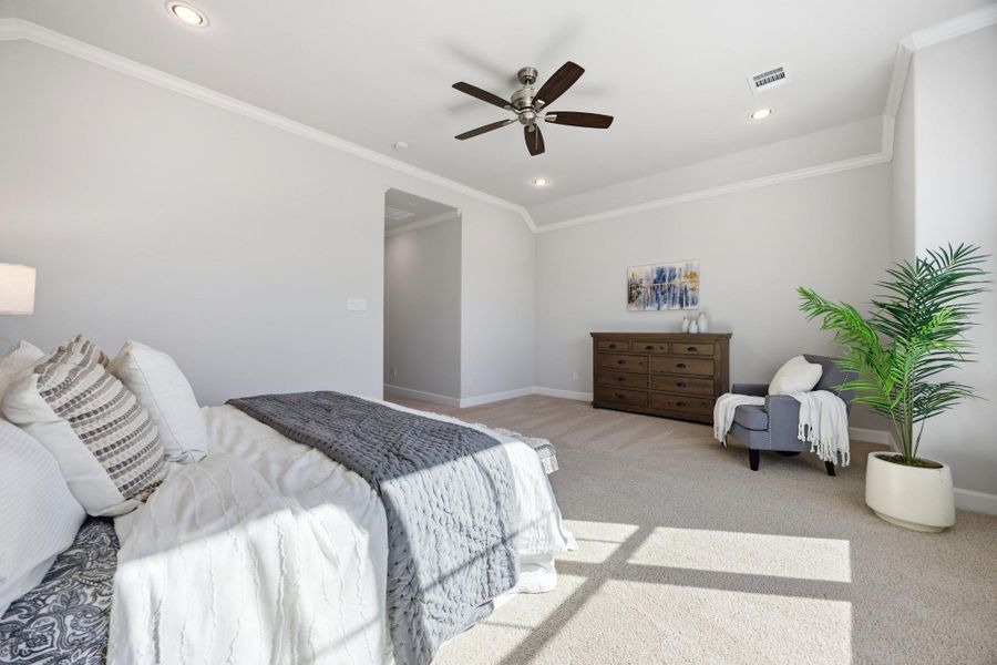 Master Class Storage: Relish the grandeur of a spacious primary suite, where comfort meets sophistication with a breezy ceiling fan and dual walk-in closets to indulge your wardrobe.