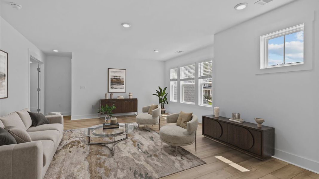 2 story single family home, all white, loft