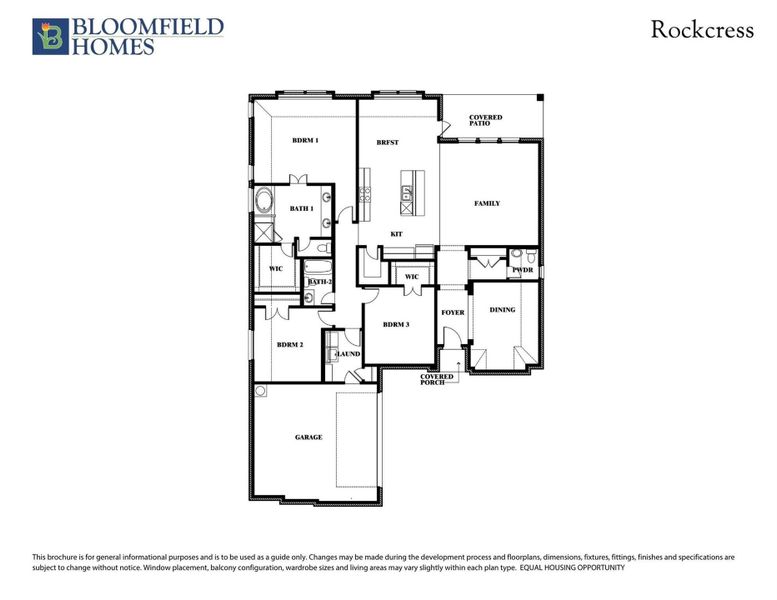 Bloomfield Homes Rockcress floor plan with three bedrooms, two bathrooms, family room, kitchen, dining, and two-car garage. Bloomfield Homes Rockcress floor plan with three bedrooms, two bathrooms, family room, kitchen, dining, and two-car garage.