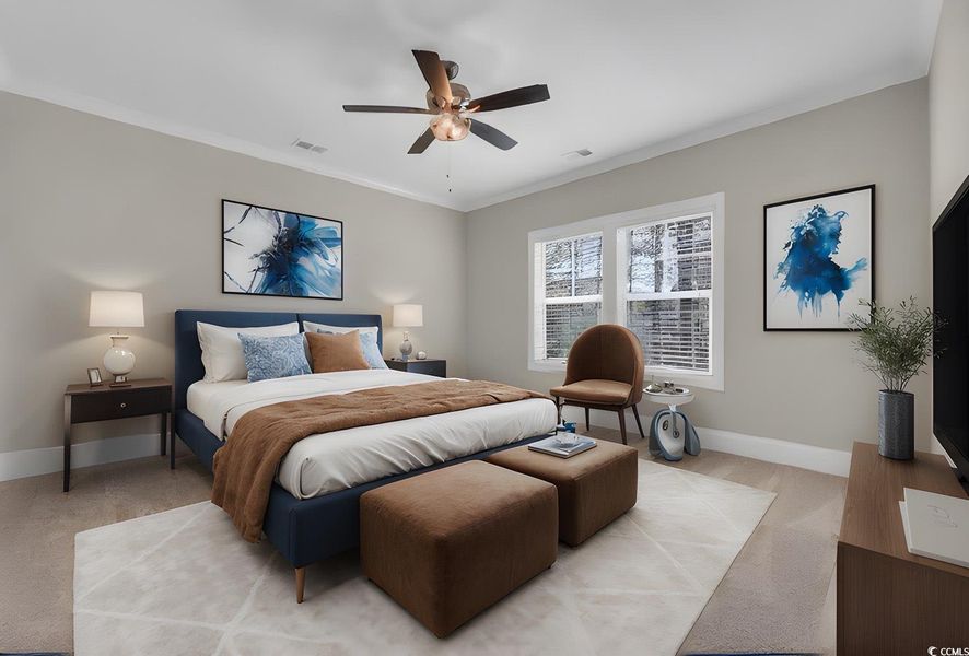 Bedroom featuring baseboards, a ceiling fan, crown molding, visible vents, and light colored carpet