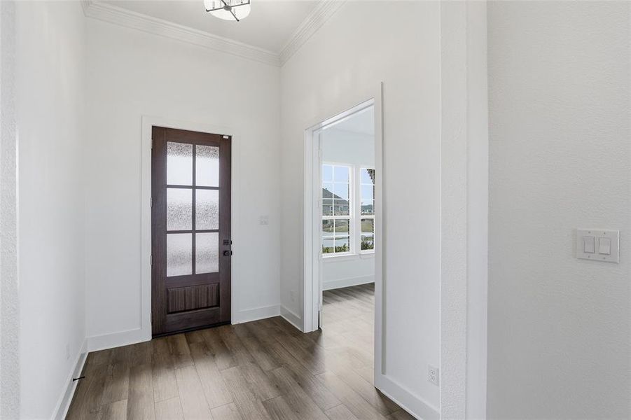 Foyer with dark wood-style floors and ornamental molding