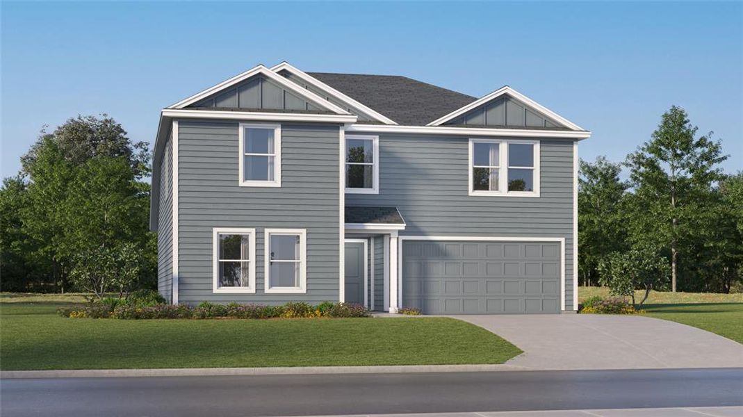 Two-story residence featuring grey horizontal siding, white trim, a dark shingle roof, an attached two-car garage, and a concrete driveway Two-story residence featuring grey horizontal siding, white trim, a dark shingle roof, an attached two-car garage, and a concrete driveway